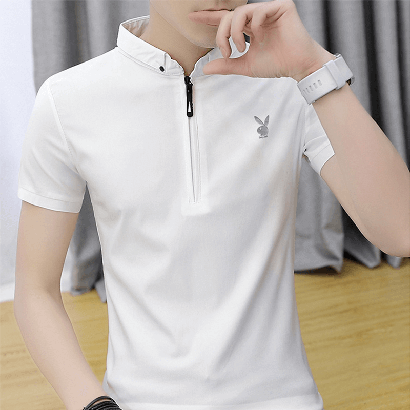 花花公子（PLAYBOY）短袖T恤男2023夏季冰絲T恤男士立領(lǐng)休閑POLO打底衫上衣純色衣服