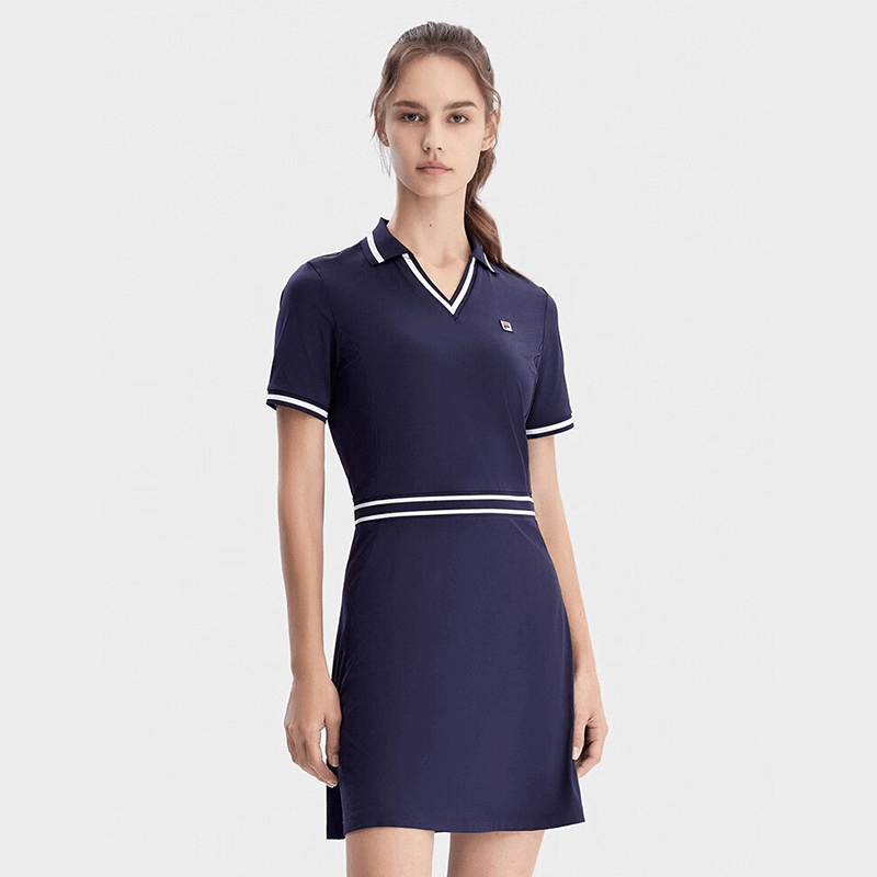 FILA 斐樂(lè)官方女子連衣裙2023夏季新款簡(jiǎn)約V領(lǐng)網(wǎng)球運(yùn)動(dòng)短袖連身裙 RD寶藍(lán)-NV 165/84A/M