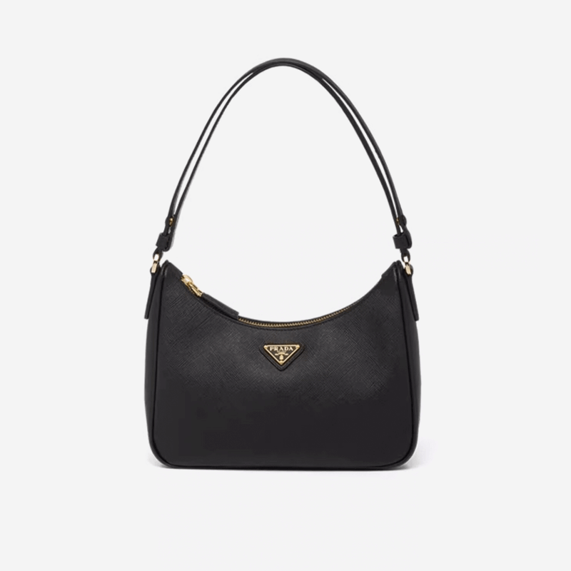 PRADA/普拉達(dá)【七夕禮物】女士Saffiano 皮革迷你Hobo手袋腋下包 黑色